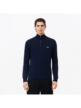 Lacoste Men's High Zipped Neck Cotton Sweater In Navy Blue - AH1980 00 166