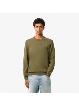 Lacoste Men's Cotton Crew Neck Sweater In Khaki Green AH-1985 00 BMY