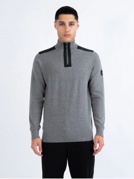 Luke Heddon Funnel Neck Half Zip Knitted Jumper in Grey Marl - M740650