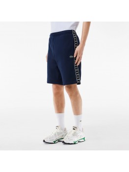 Lacoste Logo Stripe Fleece Jogger Short In Navy Blue - GH7397-00